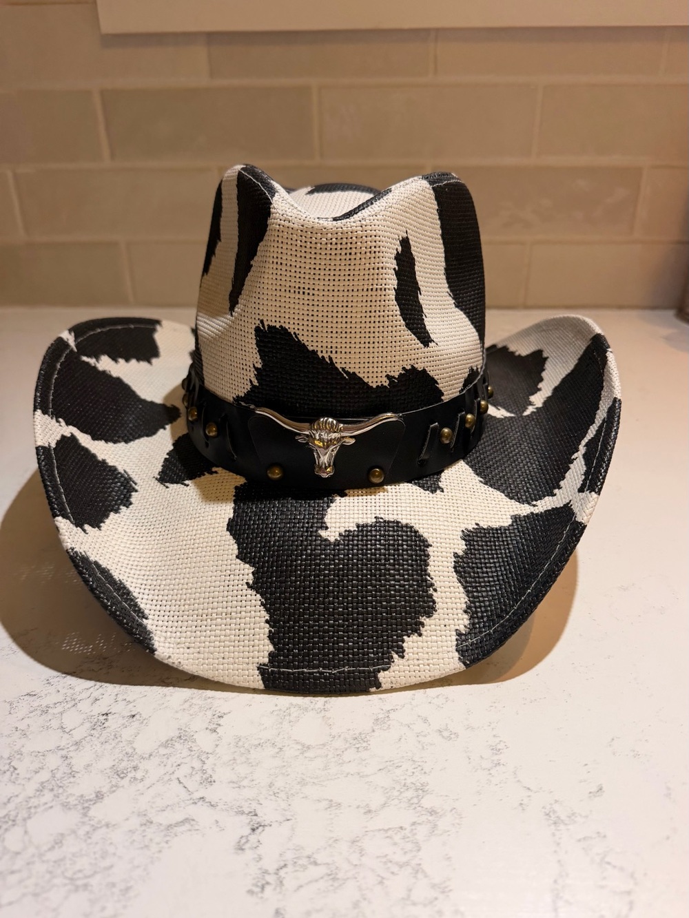 Black & White Cowhide Pattern Cowboy Hat with Decorative Band